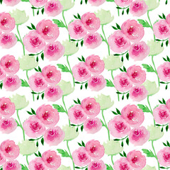 Watercolor flower pattern with pink and light green roses. Seamless botanical pattern. 