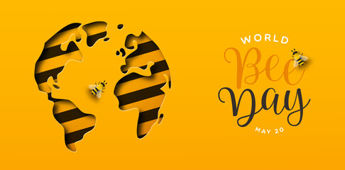 Fototapeta na wymiar World Bee Day paper cut earth planet banner