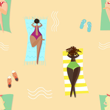 seamless pattern of girls in swimsuits sunbathing on the beach