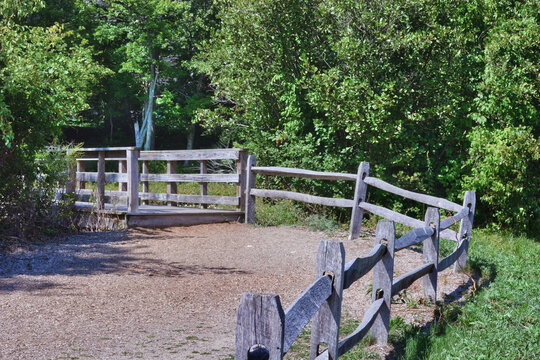 Wooden railed fence bordering an inviting walking trail