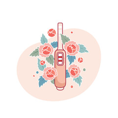 Illustration wtih positive pregnancy test and flowers