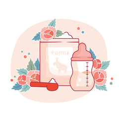 Illustration with baby bottle, dry infant formula and flowers