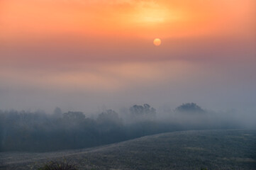 Beautiful autumn morning scenery, sunrise light, orange colors