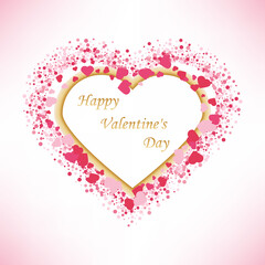 Heart of pink valentine confetti falling on light background with gold frame. Flower petal in the form of heart confetti for womens day.