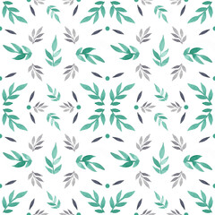 Watercolor delicate pattern, leaves in gray and green colors on a white background, gentle spring pattern for fabric, bedding, paper products, etc.