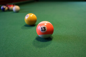 Colored pool balls on a green pool table