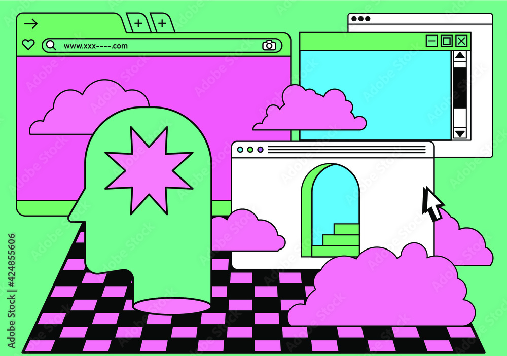 Poster Retro vaporwave desktop with message boxes and user interface elements. A conceptual illustration of website and application programming.