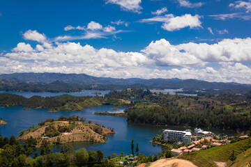 Fototapeta premium Aerial view of Guatape (Penol) dam lake in Colombia