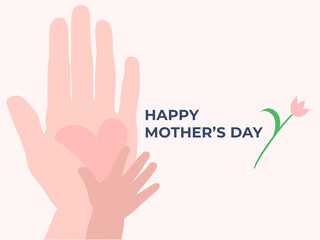 card for mother's day. mother's hand and children's palm are holding a heart. english text.