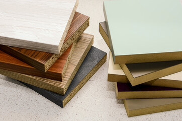 Multi-colored samples of chipboard and mdf for repair.