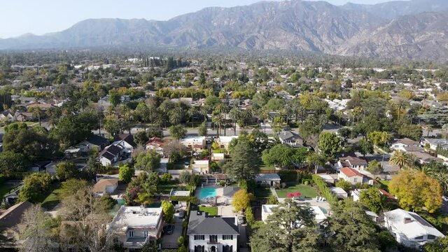 Aerial view above Pasadena neighborhood northeast of downtown Los Angeles, California, USA