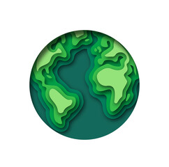 Paper cut green earth map circle concept isolated