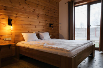 Bedroom interior in a wooden country house. Rustic log cabin bedroom interior, Cozy bed by the...