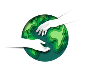 Two hands helping together paper cut earth