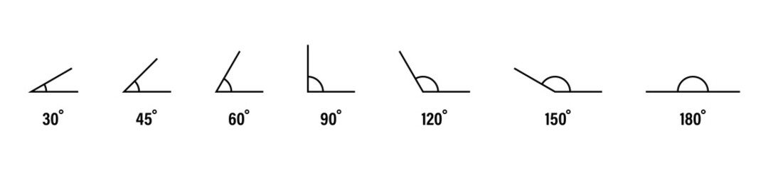 30, 45, 60, 90, 120, 150 and 180 degree icon set. Different angles degrees icon set. Angles set