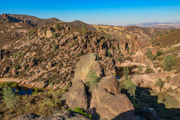 Rock formations in Pinnacles National Park in California, the destroyed remains of an extinct volcano on the San Andreas Fault. Beautiful landscapes, cozy hiking trails for tourists and travelers.