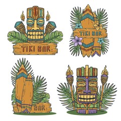 Design of trendy hawaii wooden tiki mask for surfing bar. Traditional ethnic idol and hawaiian surf, maori or polynesian. Old tribal totem