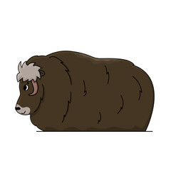 Vector outline cartoon isolated hand drawn Muskox illustration on white background. Side view of a Muskox animal standing, doodle Ovibos moschatus lies on the ground.