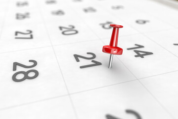 3d rendering of important days concept. Day 21 of month. Date written and pinned on a calendar. Month, day of the year. Remind you an important event or possibility.
