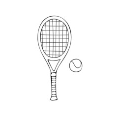Vector hand drawn doodle sketch tennis racket and ball isolated on white background