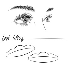 Eyelash lifting. Illustration of eyes and tools.