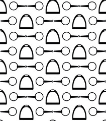 Vector seamless pattern of horse equestrian bit snaffle and stirrup isolated on white background - obrazy, fototapety, plakaty