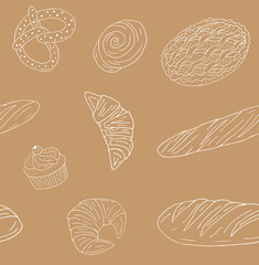 Vector seamless pattern of hand drawn doodle sketch bakery bread and buns isolated on brown background
