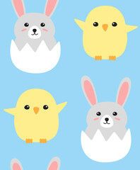 Vector seamless pattern of flat hand drawn doodle easter rabbit in egg shell and chick isolated on blue background
