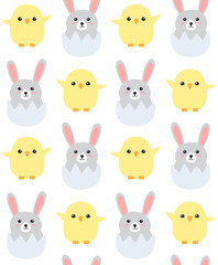 Vector seamless pattern of flat hand drawn doodle easter rabbit in egg shell and chick isolated on white background