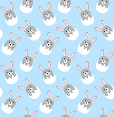 Vector seamless pattern of flat hand drawn doodle easter rabbit in egg shell isolated on blue background