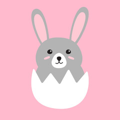 Fototapeta premium Vector flat hand drawn doodle easter rabbit in egg shell isolated on pink background