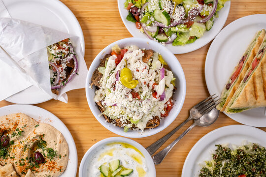 Lamb Shawarma Bowl Topped With Gyro Meat And Feta Cheese. Healthy Greek Food. 