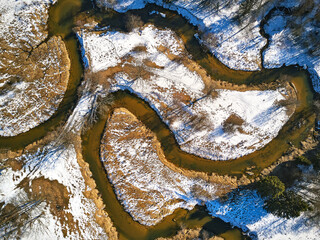 Early spring landscape with melting snow and meadow. Top aerial view.