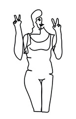 One line drawing of  fitness woman making peace sign.
One continuous line drawing of young woman making peace sign, isolated.