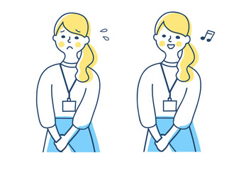 IDカードホルダーを胸に下げた女性　2表情