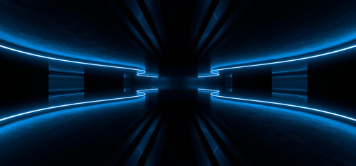 Sci Fy neon lamps in a dark tunnel. Reflections on the floor and walls. 3d rendering image.