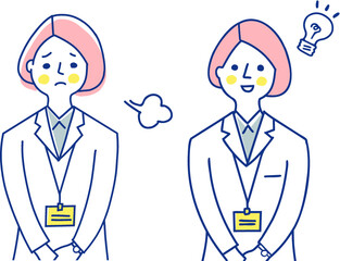 IDカードホルダーを胸に下げた女性　2表情