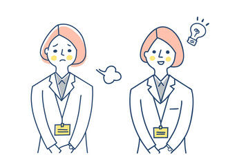 IDカードホルダーを胸に下げた女性　2表情