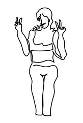 One line drawing of  fitness woman making peace sign.
One continuous line drawing of young woman making peace sign, isolated.