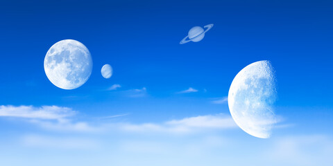 Obraz na płótnie Canvas Hintergrund Panorama Himmel blau wolken wolkig Halbmond zunehmender abnehmender Mond Sonnensystem Planeten Erde Abend Nacht Sterne Kugel Vollmond Satellit lunar Luna all Astronomie design 