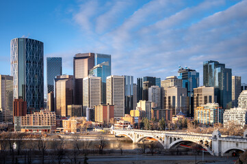 Fototapeta na wymiar Calgary's skyline along the Bow River in the morning. 