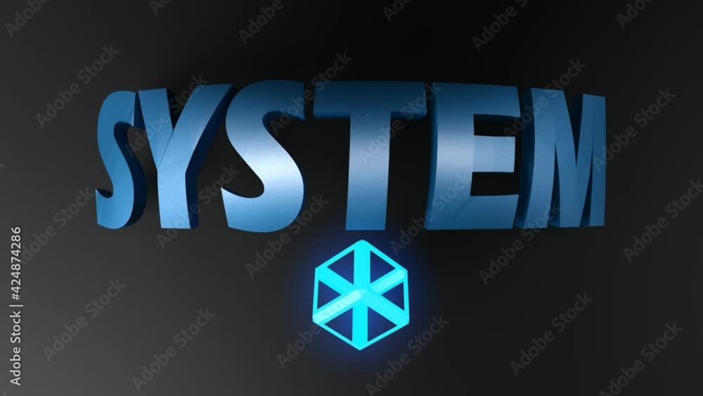 Poster the write system in blue glossy letters, on black background with rotating blue glowing lighted cube