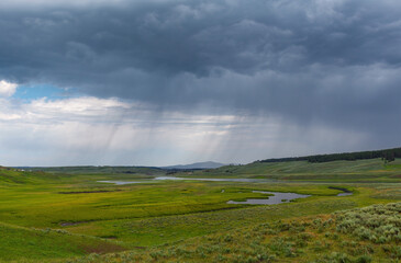 Rain in Hayden Valley, famous spot for bison and wolf spotting, Yellowstone national park, Wyoming, United States of America (USA).