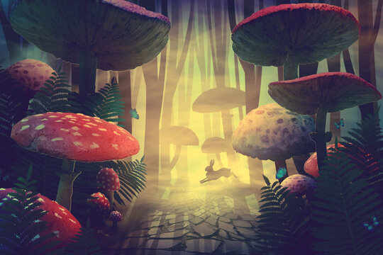 fantastic wonderland forest landscape with road, mushrooms, ferns. white rabbit runs in the fog among the trees