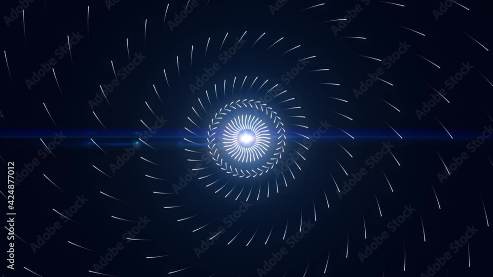 Poster abstract shining light blue sphere pulsating and spreading energy impulses flying in a circular traj
