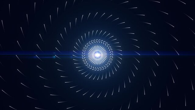 Abstract shining light blue sphere pulsating and spreading energy impulses flying in a circular trajectory. Animation. Blue star and energy signals, seamless loop.