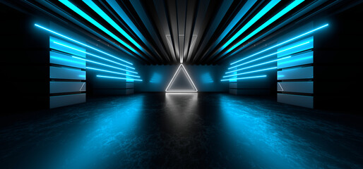 Sci Fy neon lamps in a dark tunnel. Reflections on the floor and walls. 3d rendering image.