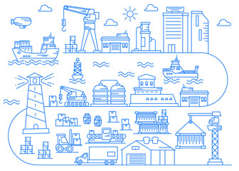 Seaport Industry with dock Area Illustration Line art vector 