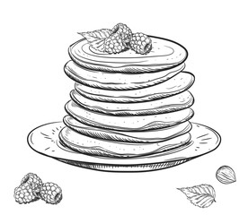 Hand drawn sketch black and white of pancake, raspberry, leaf. Vector illustration. Elements in graphic style label, card, sticker, menu, package. Engraved style.
