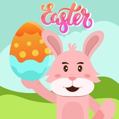 Happy bunny and egg hunter for Easter  DAy Celebration Poster Design with Printed Eggs and Cartoon Bunny on yellow Background.